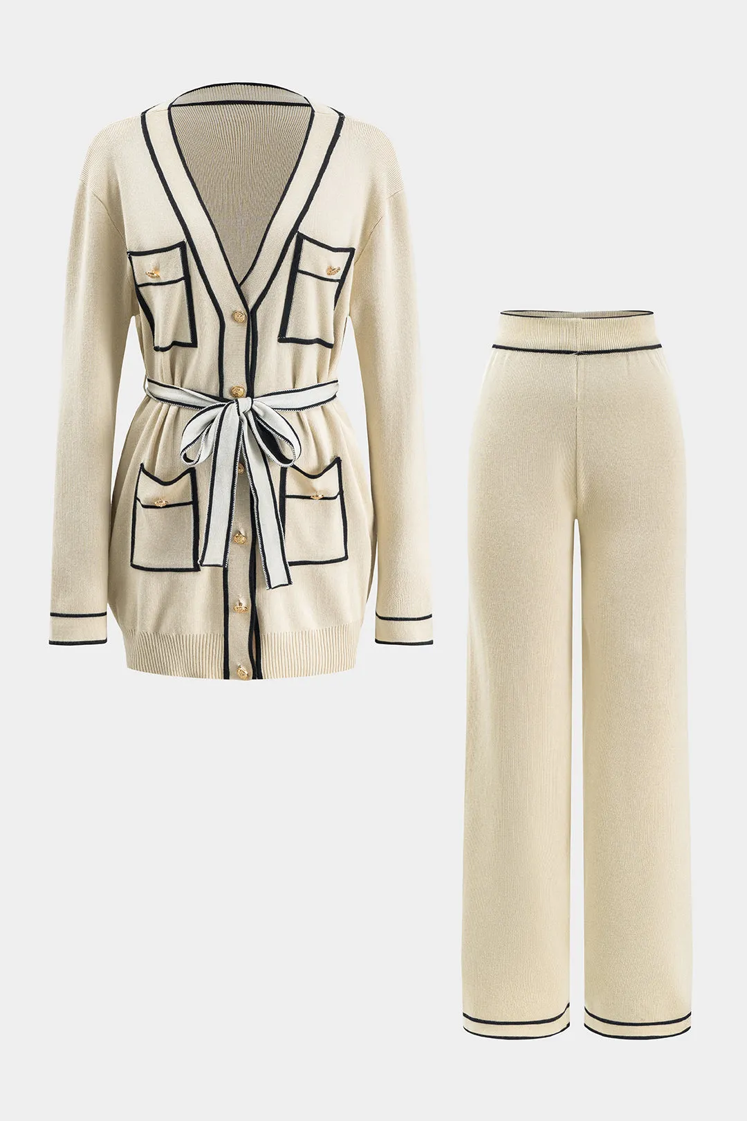 Sweater Ruched Button Pocket Tie Front Longærmet top og brede benbukser sæt sold by Micas