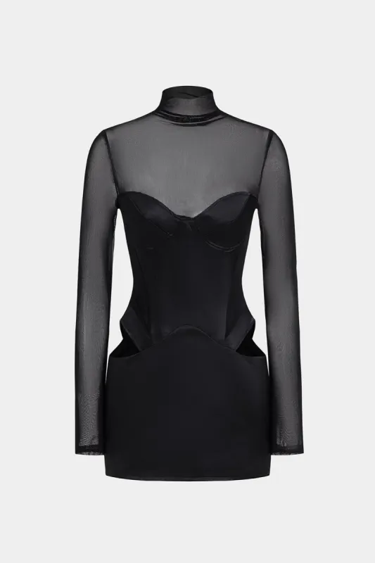 Satin Mesh Patchwork Cut Out Mock Neck Bustier Langærmet mini kjole sold by Micas