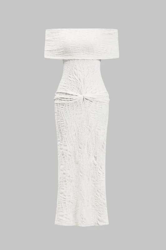 Knit Ruched Twist Off Shoulder Midi Dress sold by Micas
