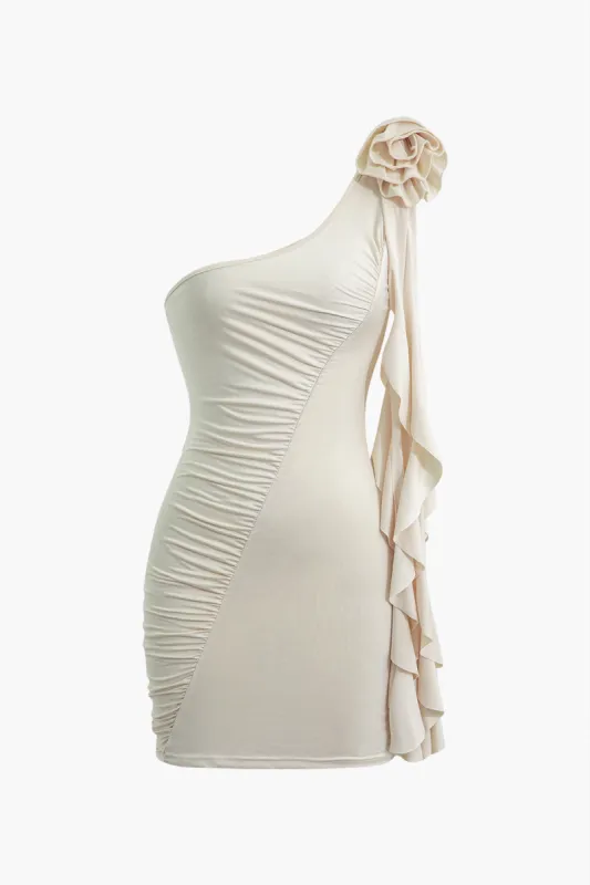 3d Flower Ruched Ruffle One skulder ærmeløs mini kjole sold by Micas