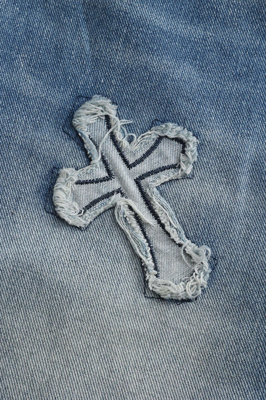 Faded Cross Embroidery Denim Fringe Pocket Button Straight Leg Jeans sold by Micas product image thumbnail 3