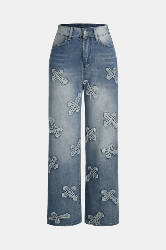 Faded Cross Embroidery Denim Fringe Pocket Button Straight Leg Jeans sold by Micas