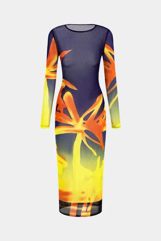 Abstrakt print ren mesh langærmet cover up made by Micas