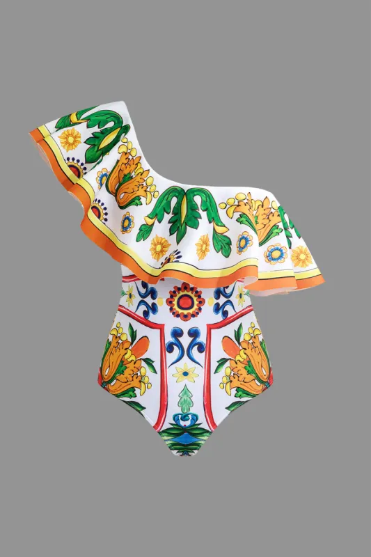 Blomsterprint Ruffle Asymmetry Tummy Control badedragt sold by Micas