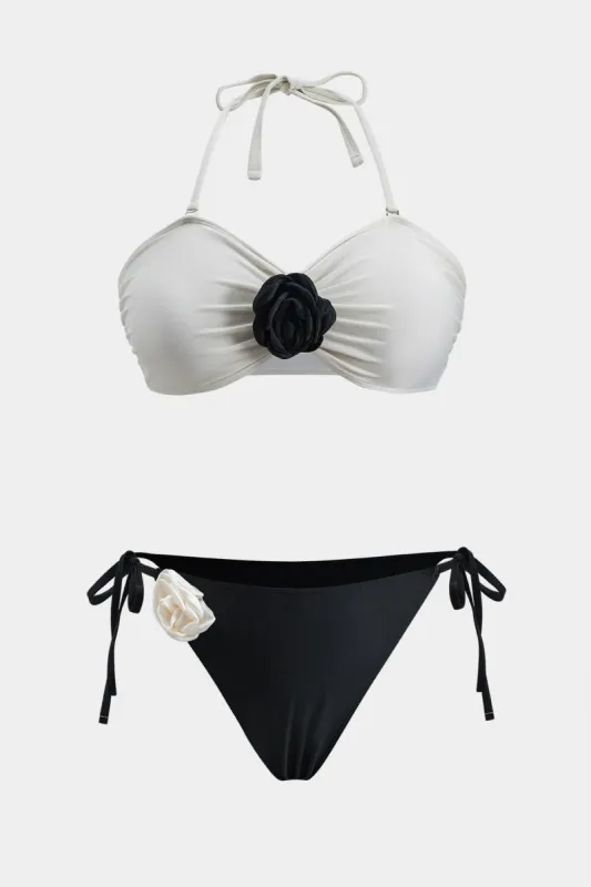 Plus størrelse 3d blomst ruched patchwork rygfri binding bikini sæt sold by Micas