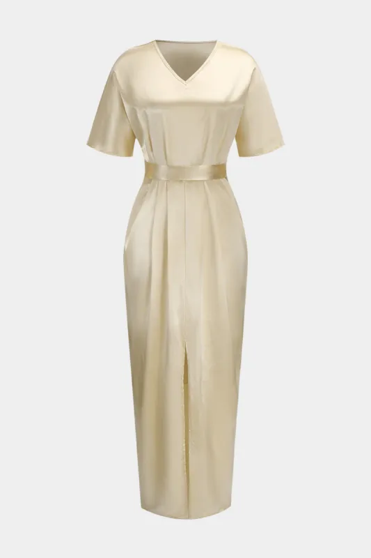 Satin Strappy V-hals spalte kort ærme midi kjole sold by Micas
