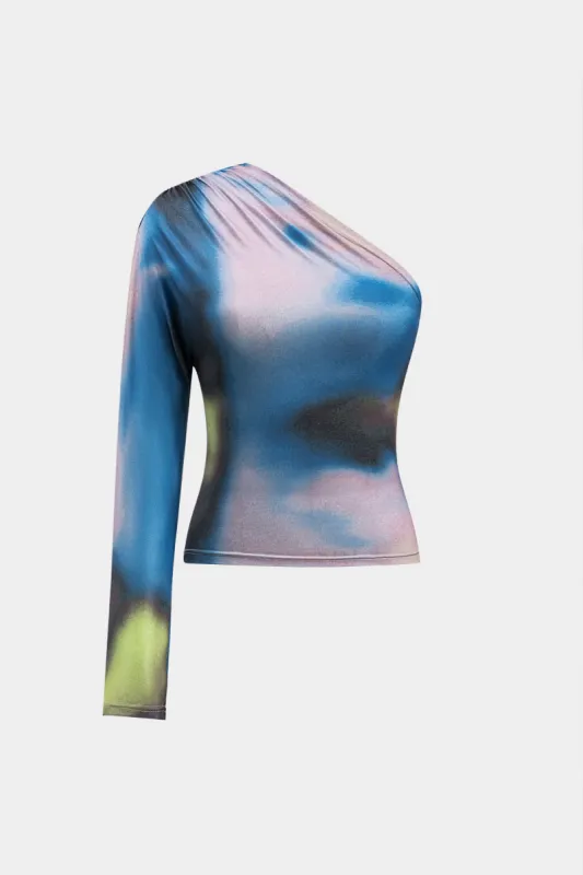 Bind farvestofprint Ruched en skulder langærmet t-shirt sold by Micas