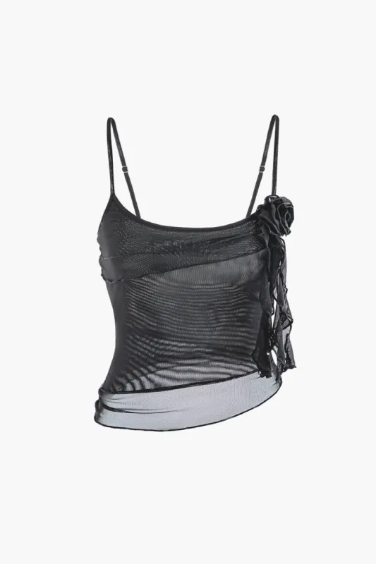 Mesh 3d Floral Ruched Asymmetrical Slip Cami Top sold by Micas
