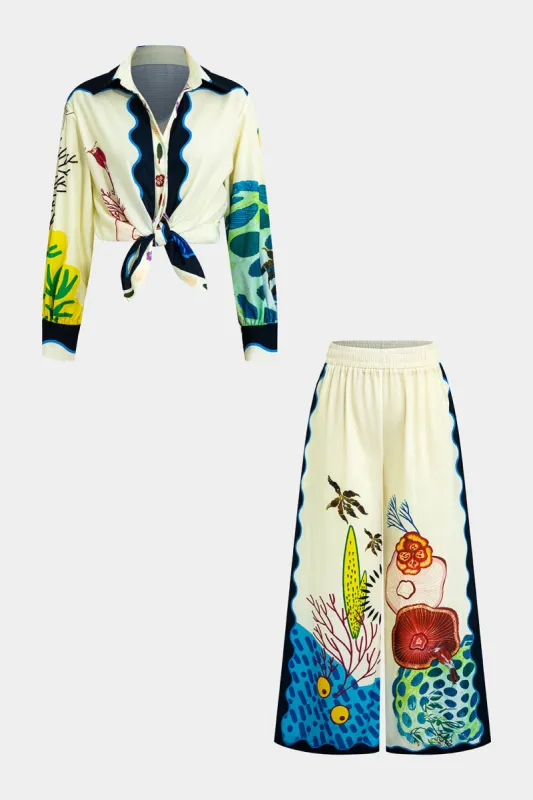 Tropisk printkontrastknap Langærmet top og ruched brede benbukser sæt sold by Micas
