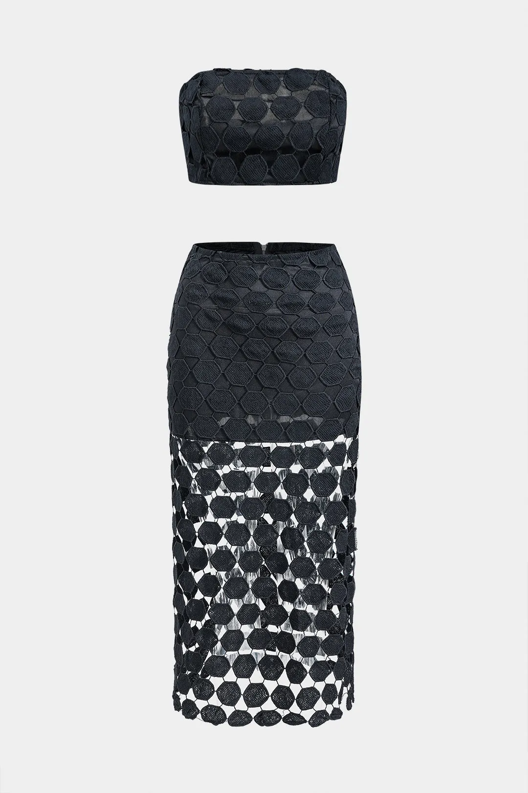 Tekstureret lynlås tube top og udskåret nederdel sæt sold by Micas