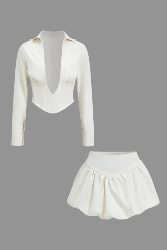 Ruched Button V-hals korset langærmet top og puff hem nederdel sæt sold by Micas
