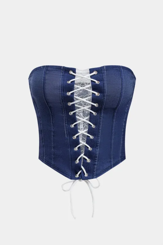Denim krydsede stroppet korsetrør top sold by Micas
