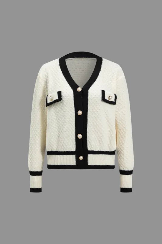 Kontrast Knit -knap Fake Pocket Longærmet Cardigan sold by Micas