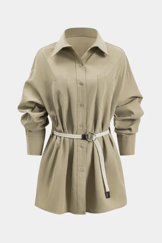 Ruched Button Pocket Belted Longærmet mini kjole sold by Micas