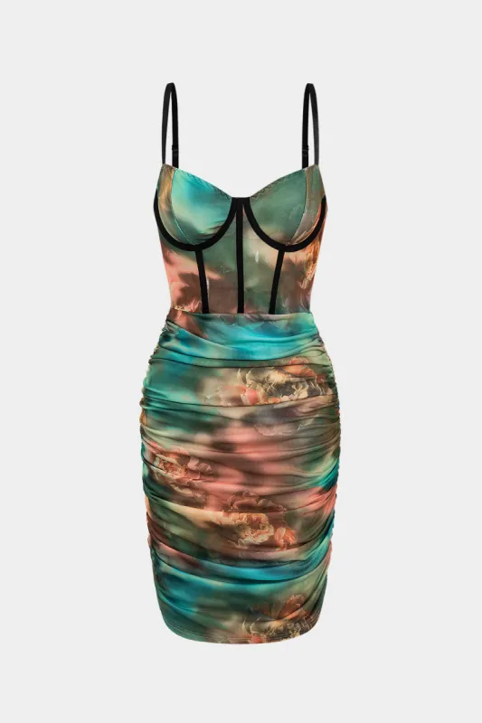 Ombre Floral Print Mesh Ruched Bustier Corset Slip Mini Dress sold by Micas
