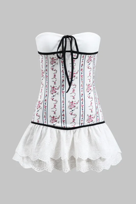 Blomstermønster patchwork ruched slips front stropløs mini kjole sold by Micas