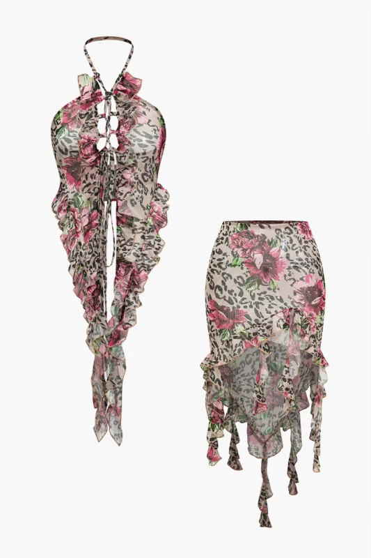 Blomsterprint Ruffle Cut Out Tie Front Backless Tube Top and Skirt Set sold by Micas
