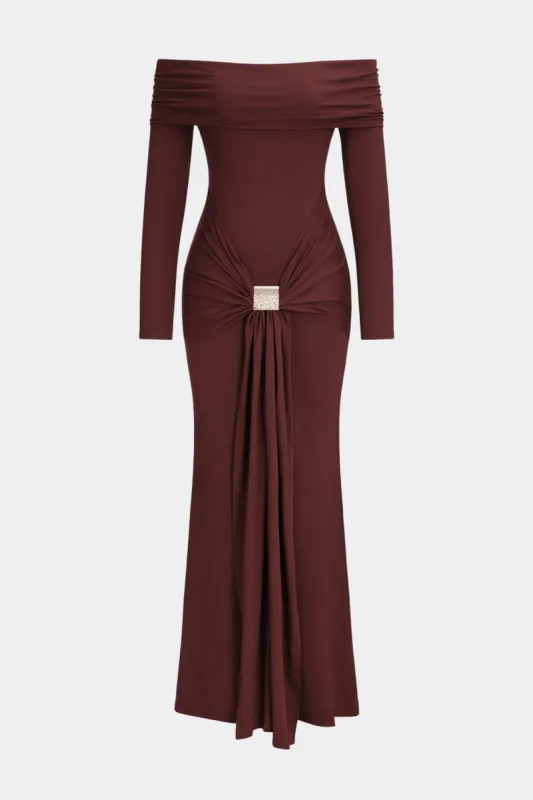 Metallic Ruched Off Shoulder Strappy Long Sleeve Maxi Dress sold by Micas