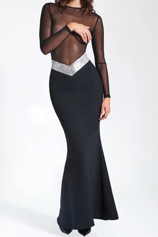 Mesh Sheer Patchwork Langærmet maxi kjole sold by Micas