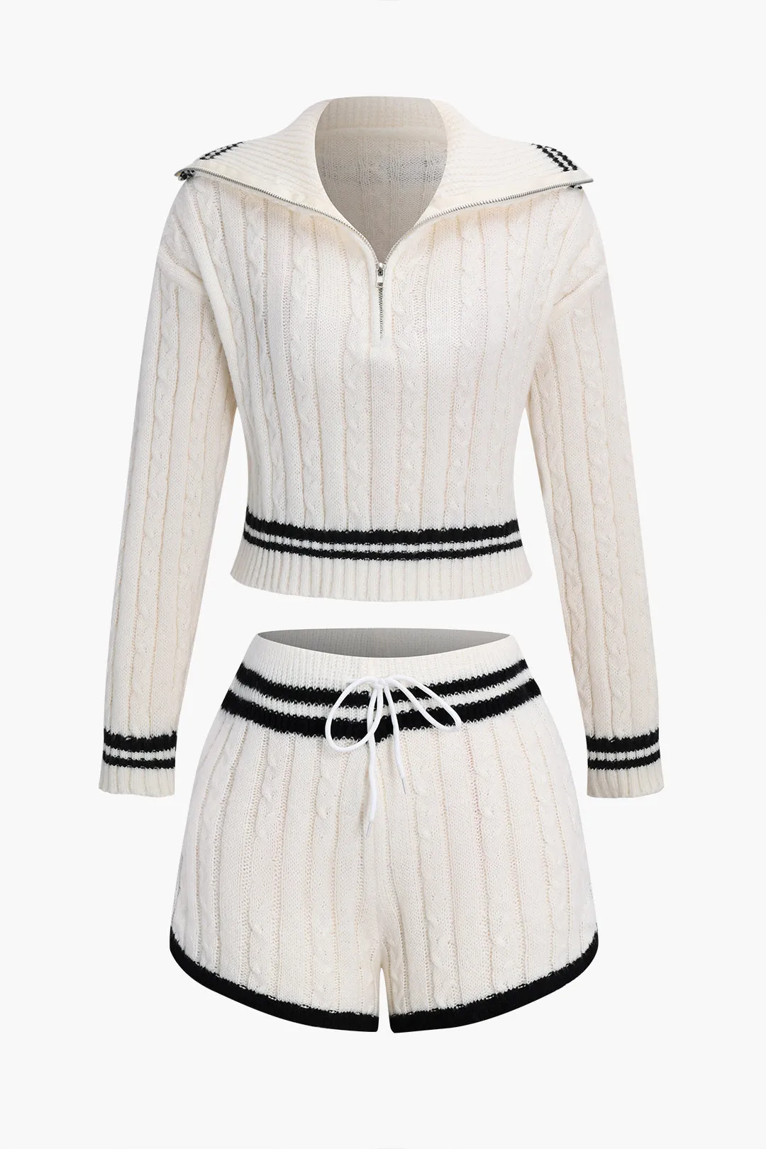 Kontraststrik lynlås langærmet top og slips foran shorts sæt sold by Micas