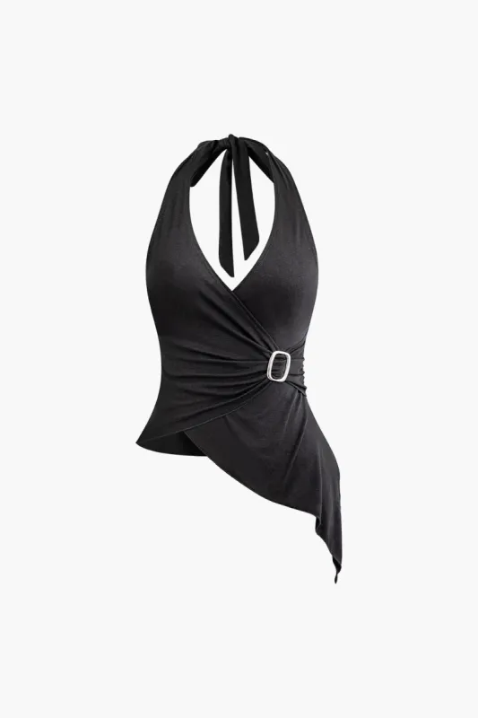 Metallisk spænde ruched asymmetrisk binding rygfri tank top sold by Micas