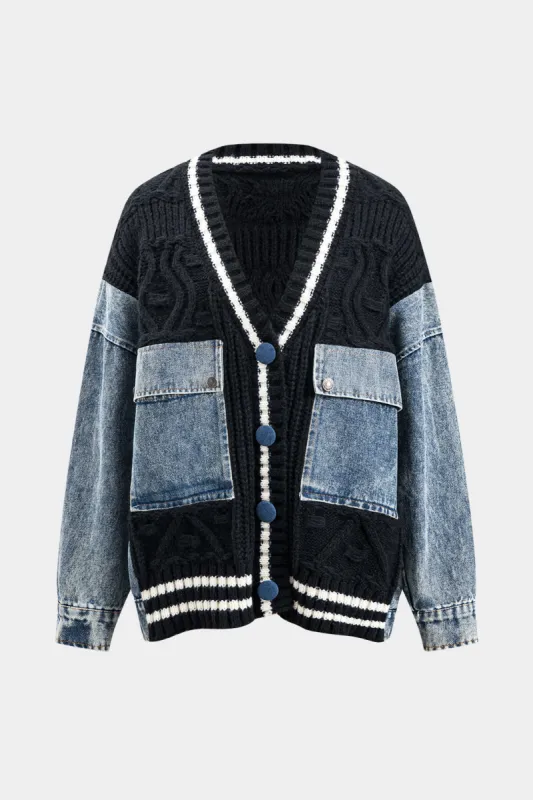 Denim patchwork -knaplomme langærmet overtøj sold by Micas