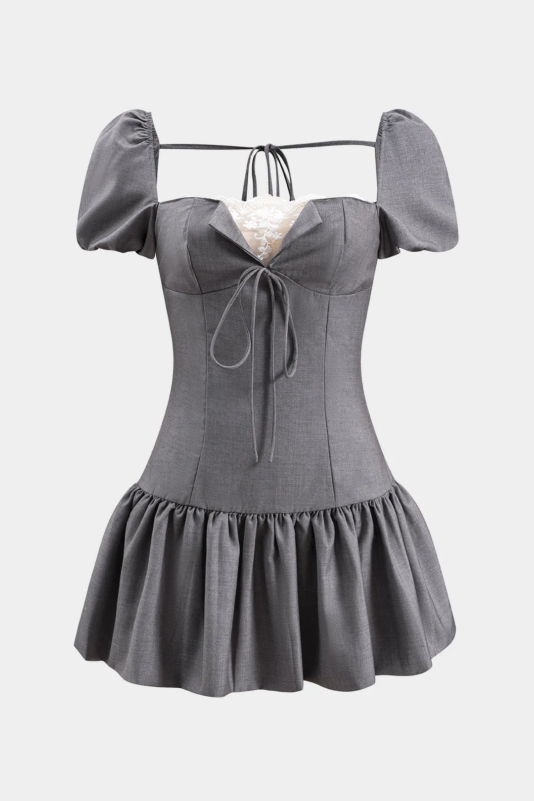 Blonder patchwork binding kortærmet puff hem mini kjole sold by Micas