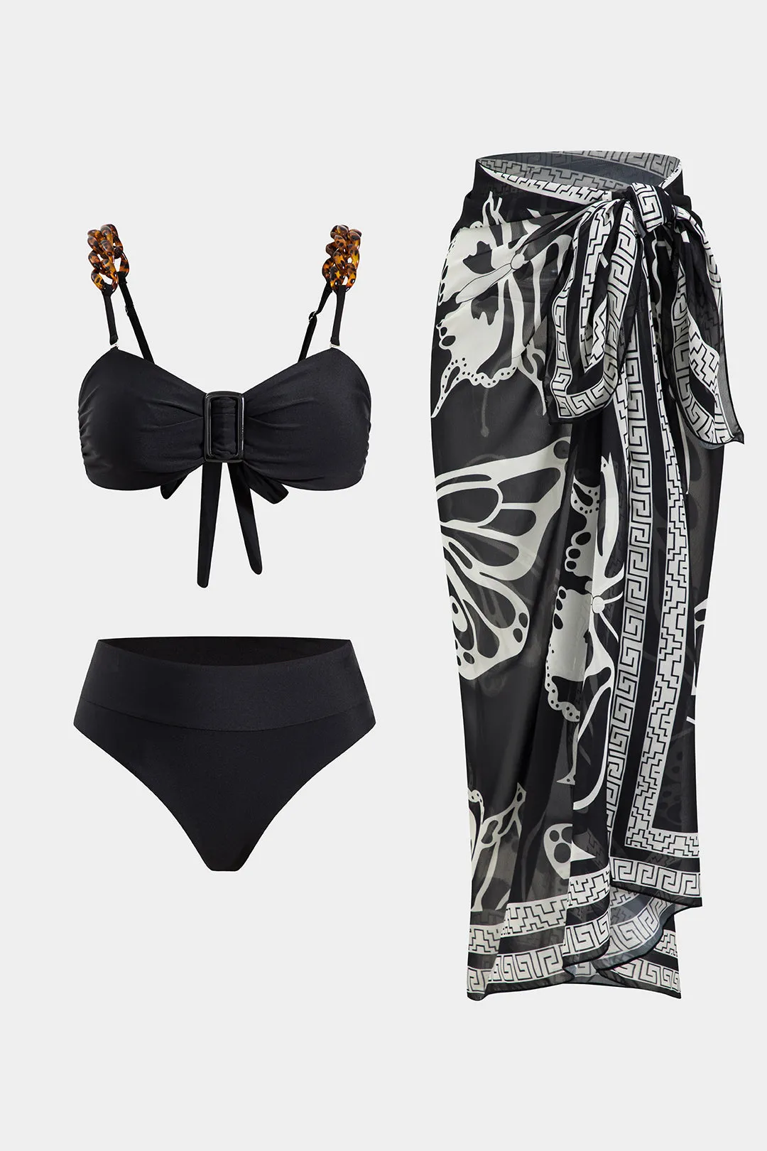 Chiffon Ruched Tie Back Bikini og Butterfly Print Tie Front Cover Up Set sold by Micas