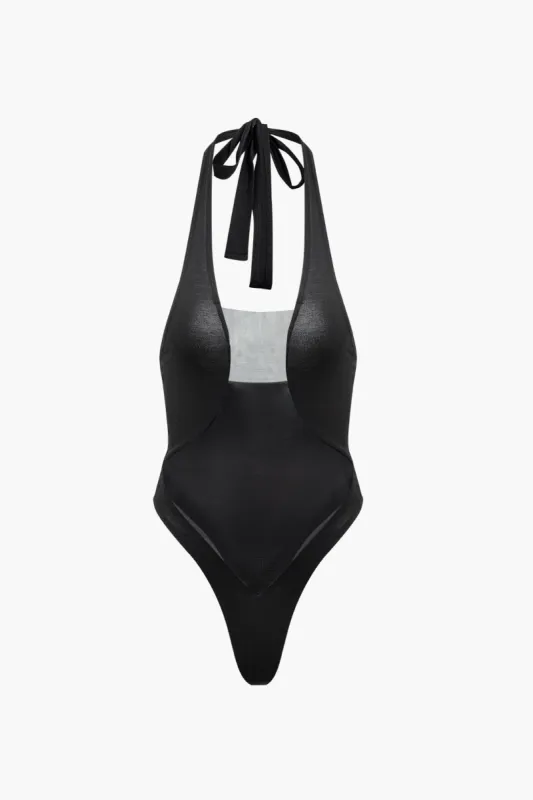 Mesh Sheer Patchwork Backless Tie Up Bodysuit sold by Micas