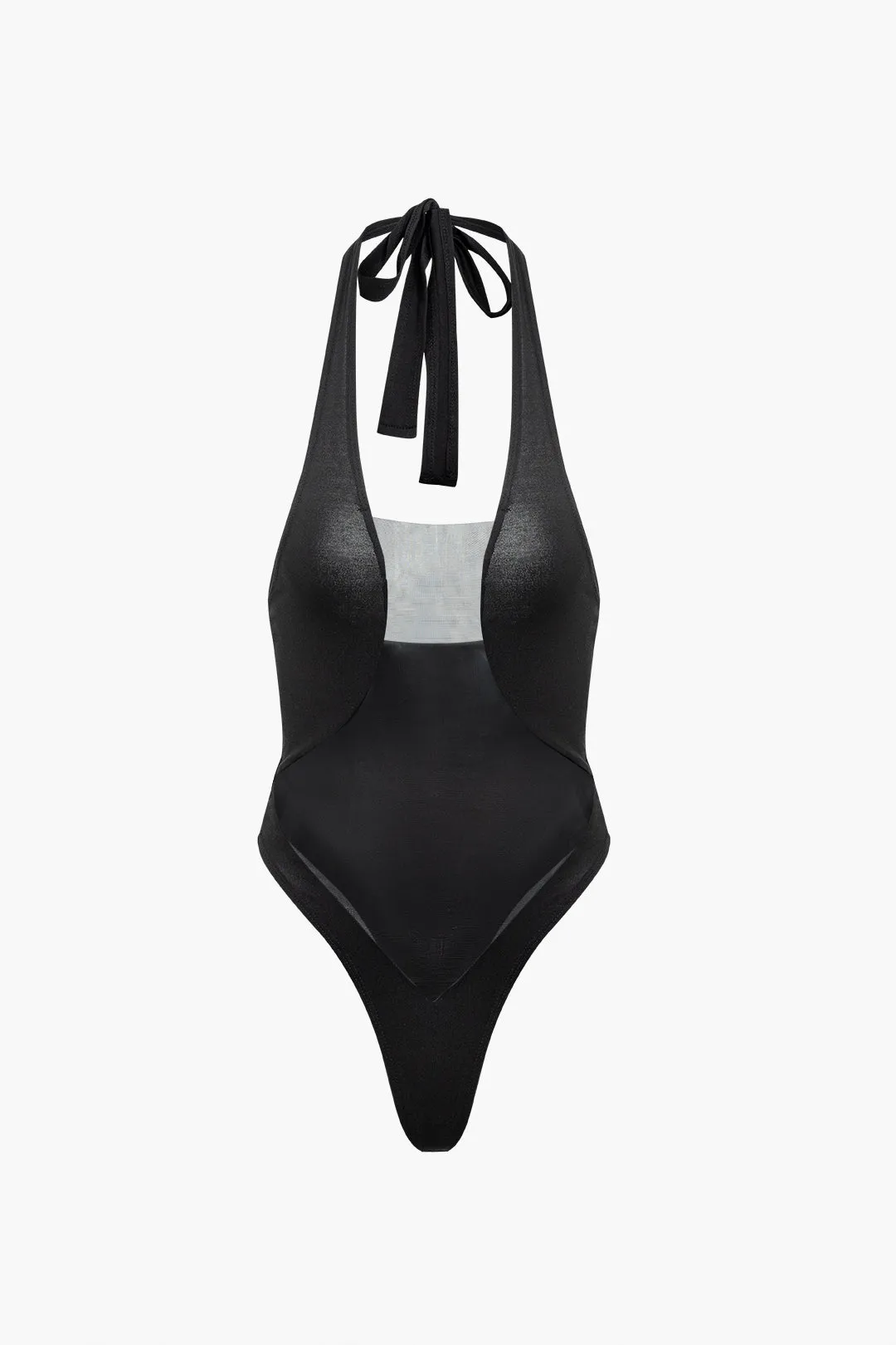 Mesh Sheer Patchwork Backless Tie Up Bodysuit sold by Micas