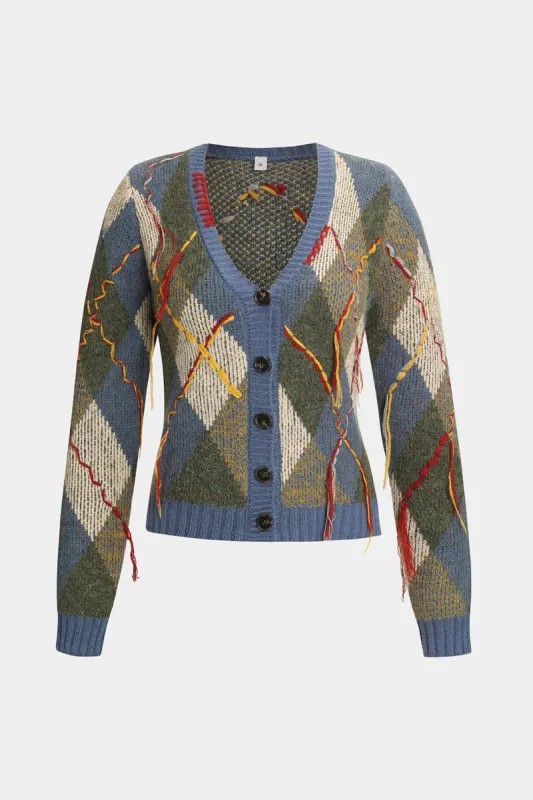 Diamant mønster strik knap v-hals langærmet top sold by Micas