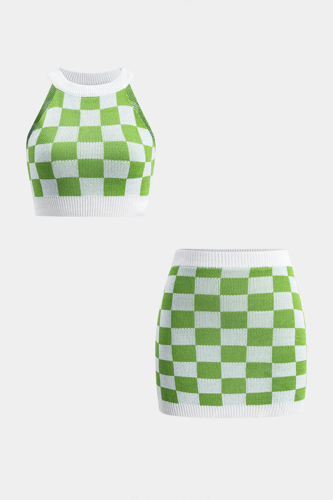 Contrast Pattern Knit Crop Top And Skirt Set sold by Micas