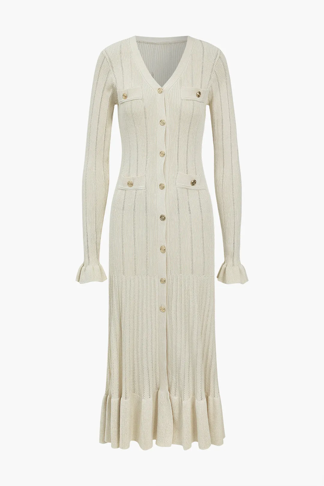 Strik skåret ruffle knap klokke ærme kjole sold by Micas