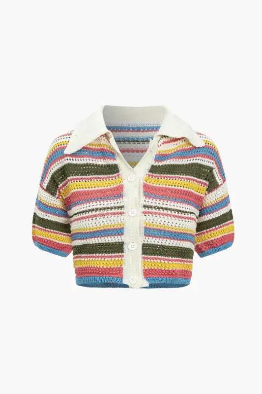 Rainbow Stripe Knit Button Shortærme top sold by Micas