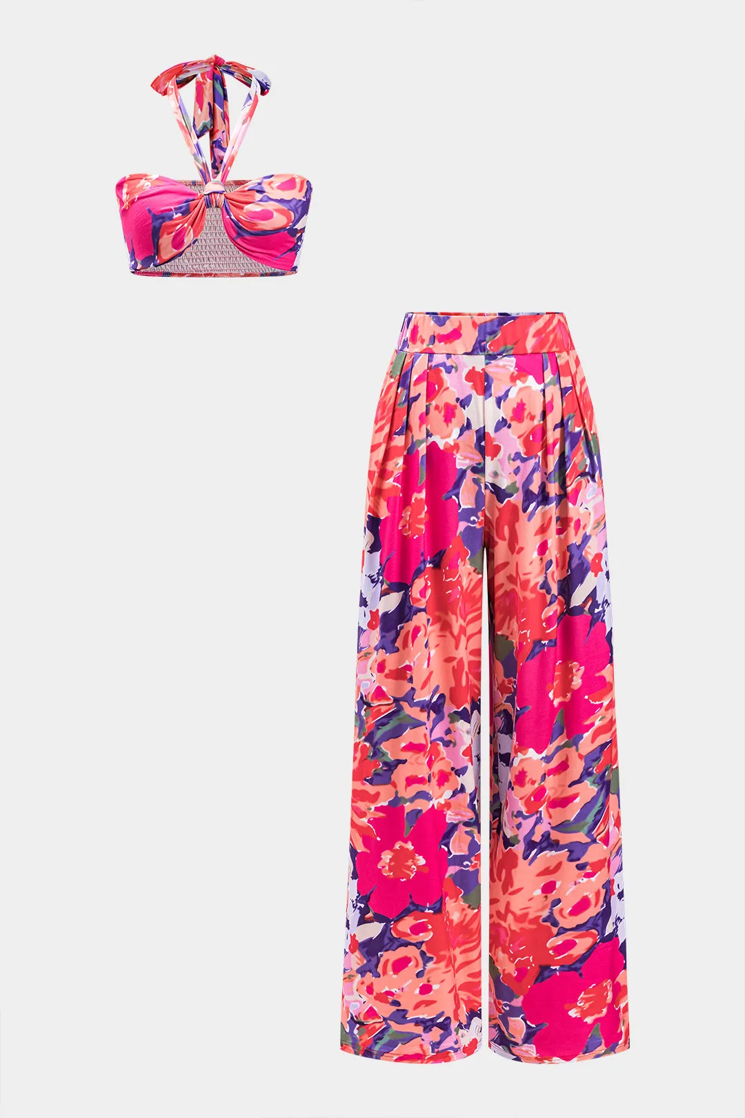 Blomsterprint Ruched Tie-Up Top and Wide Leg Bukser Set sold by Micas