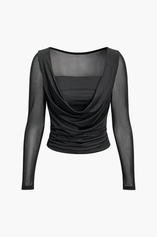 Mesh Ruched Sheer Cowl Neck Longærmet top sold by Micas