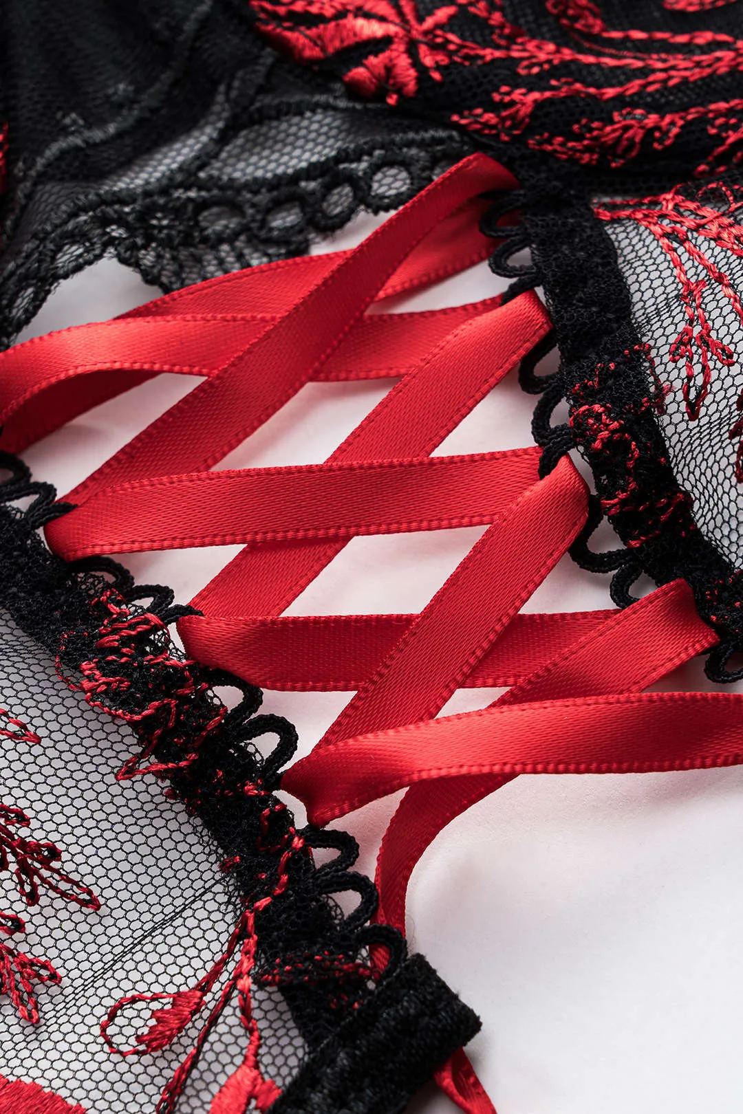 Mesh Embroidery Tie-Up Bustier Lingerie Garter Set sold by Micas product image thumbnail 5