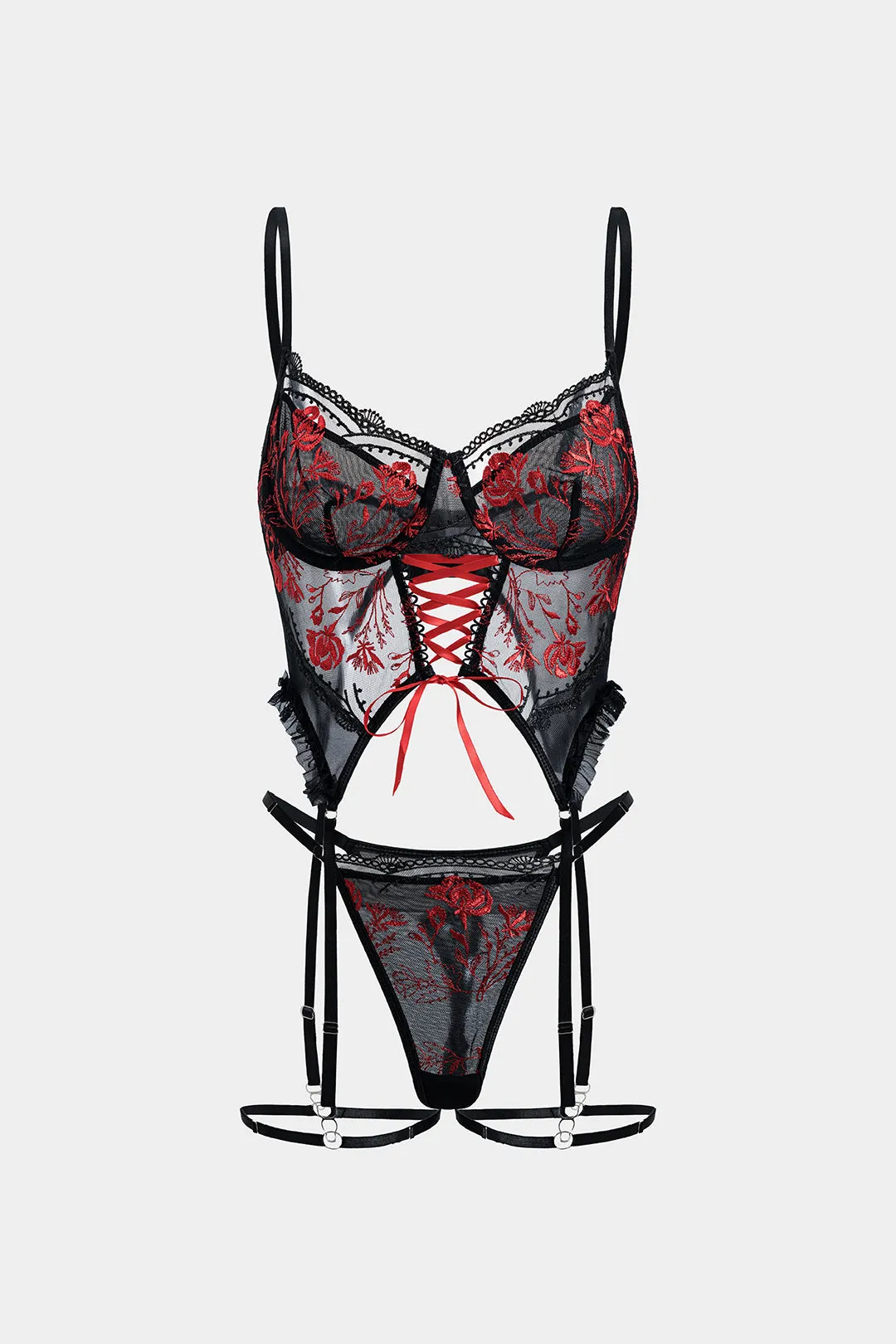 Mesh Embroidery Tie-Up Bustier Lingerie Garter Set sold by Micas product image thumbnail 2