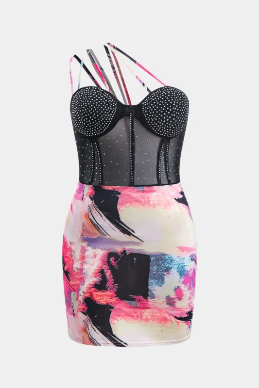 Plus størrelse slips farvestofprint rhinestone mesh patchwork bustier korset slip mini kjole sold by Micas