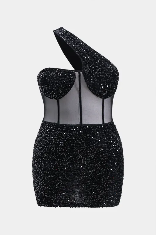 Plus størrelse mesh paljetter patchwork en skulder bustier korset ærmeløs mini kjole sold by Micas