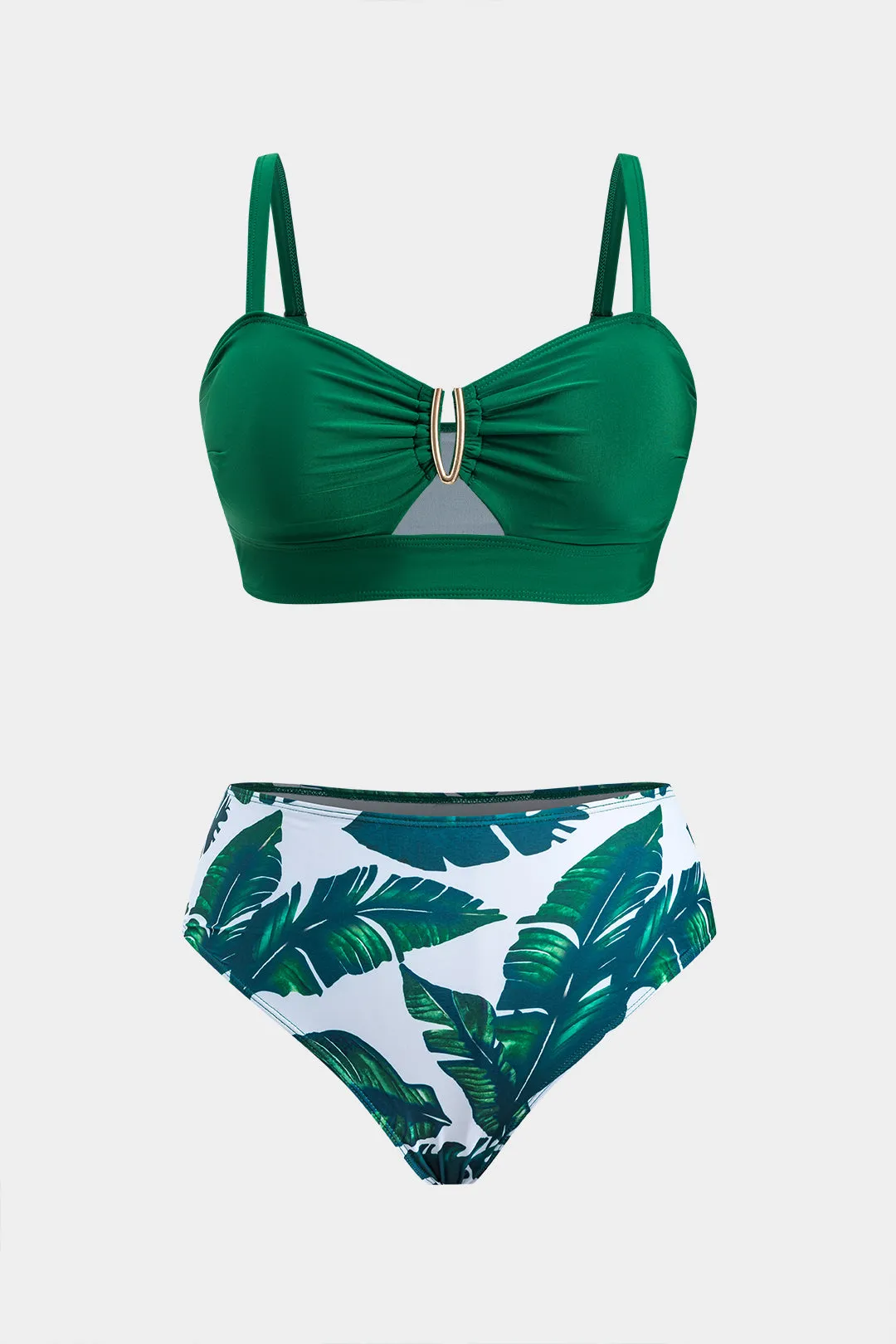 Plus størrelse blade print metallisk ruched udskåret bikini sæt sold by Micas