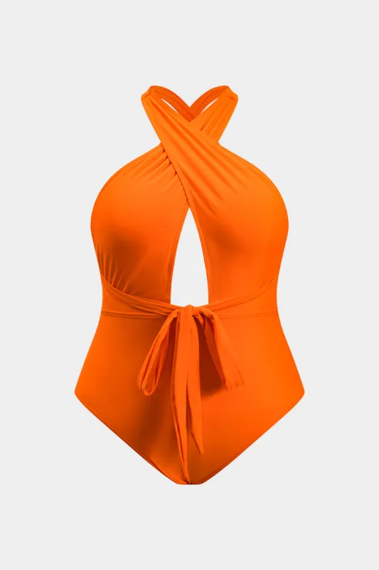Plus størrelse ruched knyttet udskåret rygfri mave kontrol i ét stykke badedragt sold by Micas