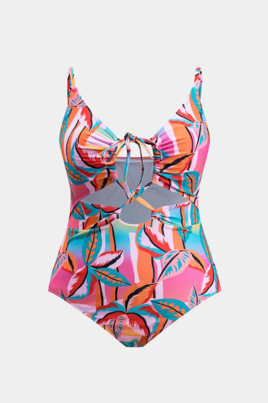 Plus størrelse abstrakt print ruched udskåret spændt mave kontrol badedragt sold by Micas