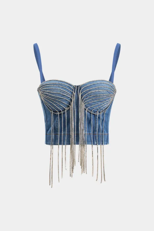 Denim Rhinestone Fringe Bustier Slip Cami Top sold by Micas