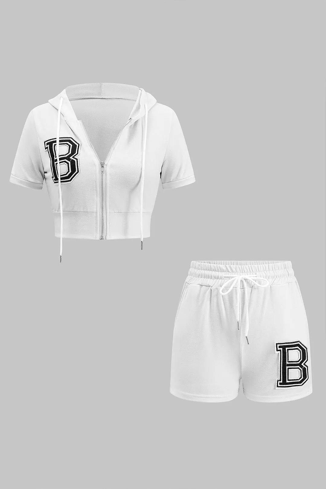 Brevprint hætte lynlås kortærmet top og ruched slips front shorts sæt sold by Micas