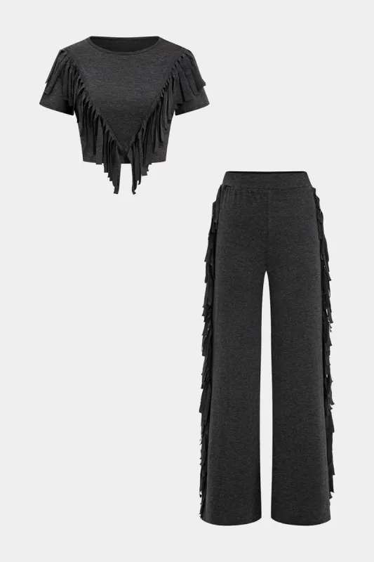 Fringe kort ærme top og brede benbukser sæt sold by Micas