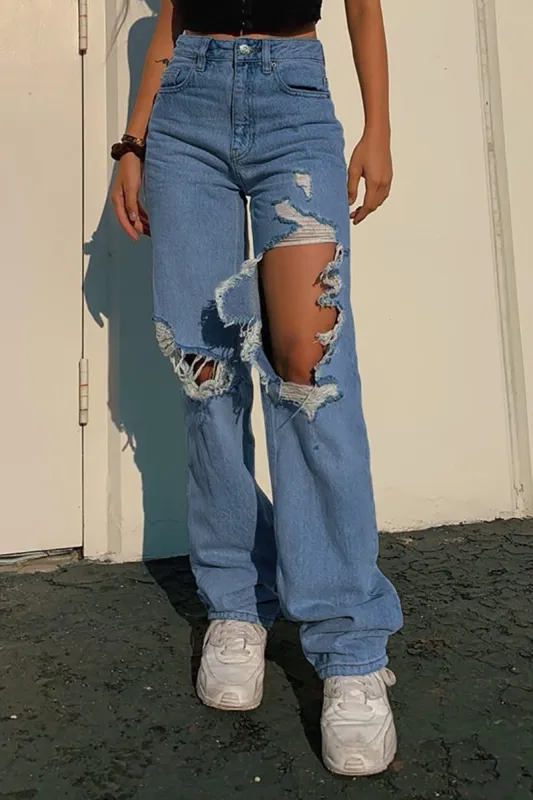 Denim udskåret vaskede rippede knaplomme jeans sold by Micas