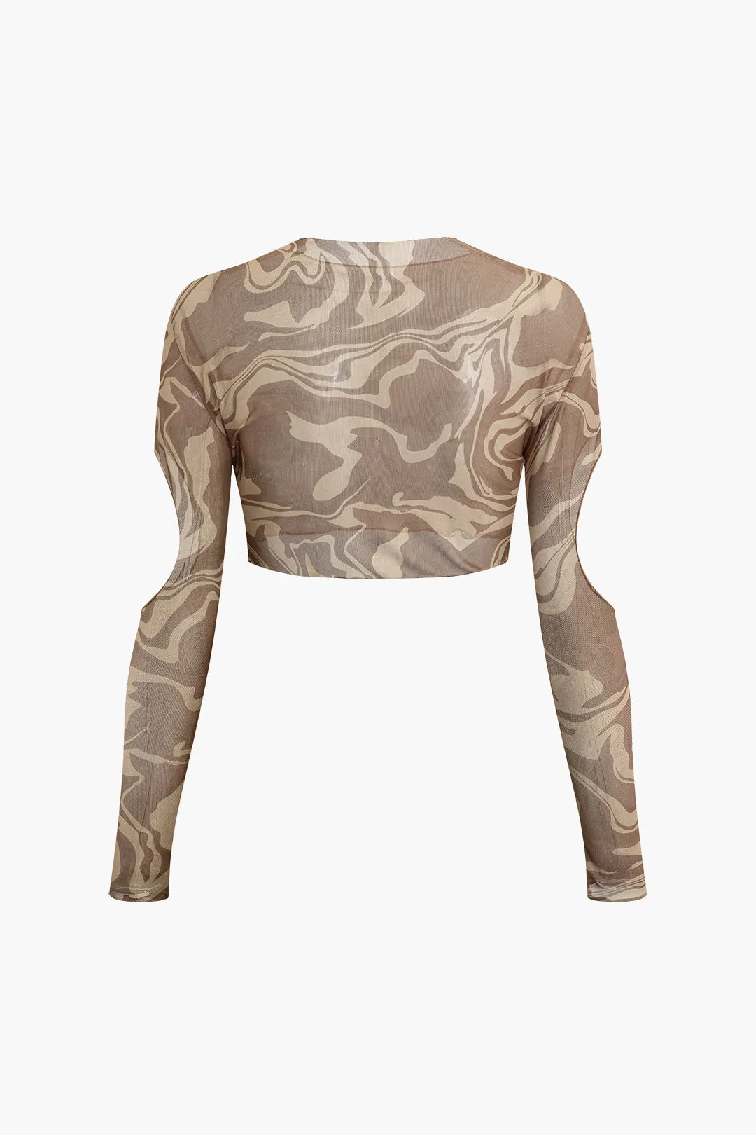 Watercolor Ombre Print Mesh Ruched Tie-Up Bikini And Cut Out Long Sleeve Top And Tie Back Slit Cover Up Set sold by Micas product image thumbnail 5