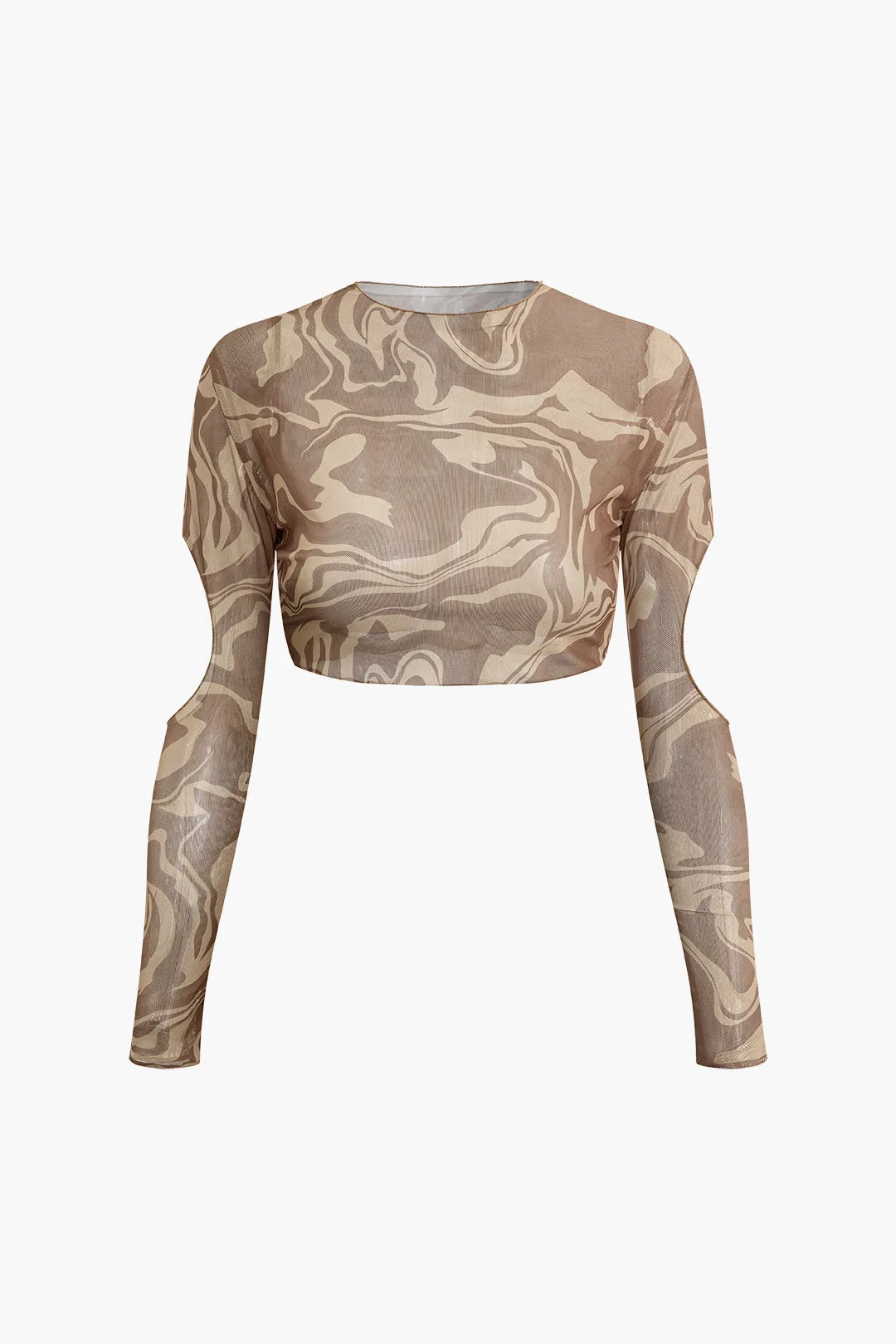 Watercolor Ombre Print Mesh Ruched Tie-Up Bikini And Cut Out Long Sleeve Top And Tie Back Slit Cover Up Set sold by Micas product image thumbnail 4