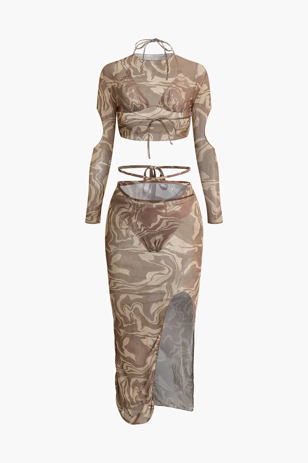 Watercolor Ombre Print Mesh Ruched Tie-Up Bikini And Cut Out Long Sleeve Top And Tie Back Slit Cover Up Set sold by Micas